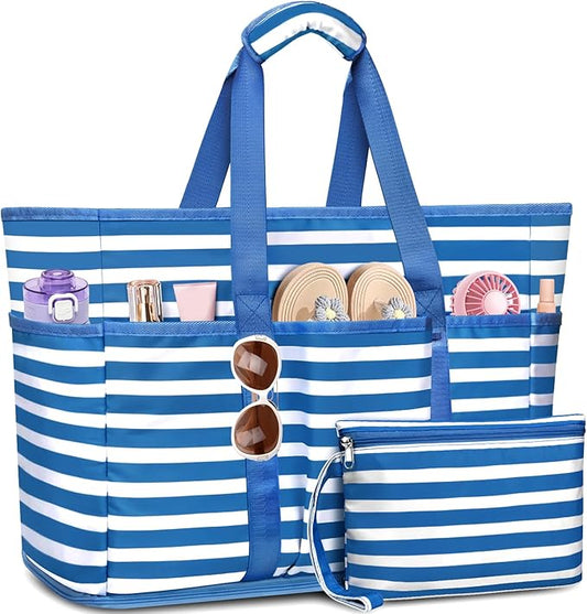 Large Beach Bag with Zipper, 12 Pockets Waterproof Sandproof Pool Bag Womens Mesh Beach Tote Bag for Travel Vacation