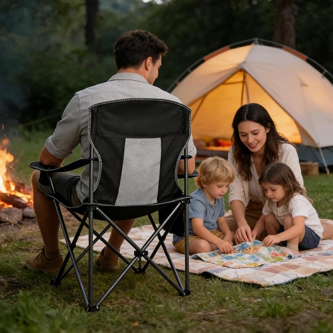 Collapsible Folding Camping Chairs Heavy Duty Lawn Foldable Chair with Cooler Bag, Storage Pocket, Waterproof Bag Outdoor Arm Sport Chair, Supports 325LBS, Black