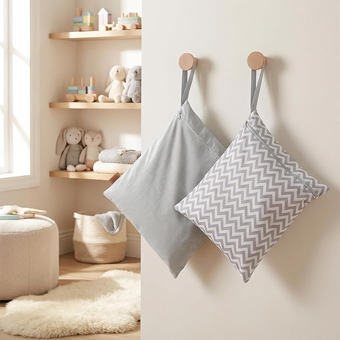 Hamur Wet Bag Set – 2 Pack Reusable Waterproof & Mess-Proof Bags (1 Large 12.6×14.6 in) | Washable at 40 °C, Lightweight Storage for Baby, Travel & Gym Essentials(Zigzag -Gray)