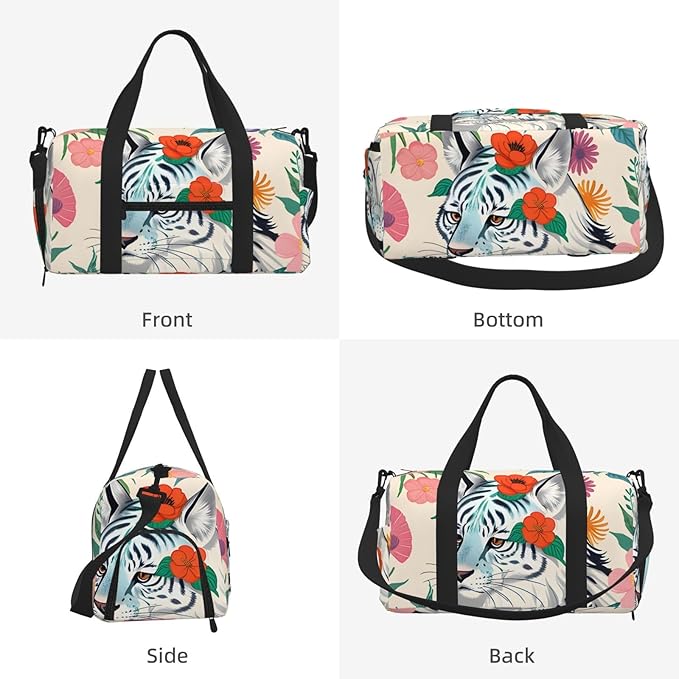 Cute white tiger Print Gym Bag with Shoe Compartment for Women Men, 17.7in Sports Duffle Weekender Tote, Overnight Travel Duffel Bag Carry On