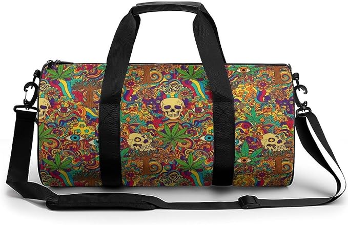 Lightweight Travel Sports Carry On Bag Colorful Skull Weedleaf Leaf Art Basketball Football Weekender Bag Sport Gym Fitness Tote