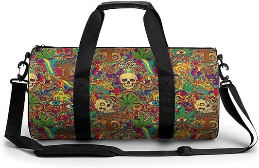 Lightweight Travel Sports Carry On Bag Colorful Skull Weedleaf Leaf Art Basketball Football Weekender Bag Sport Gym Fitness Tote