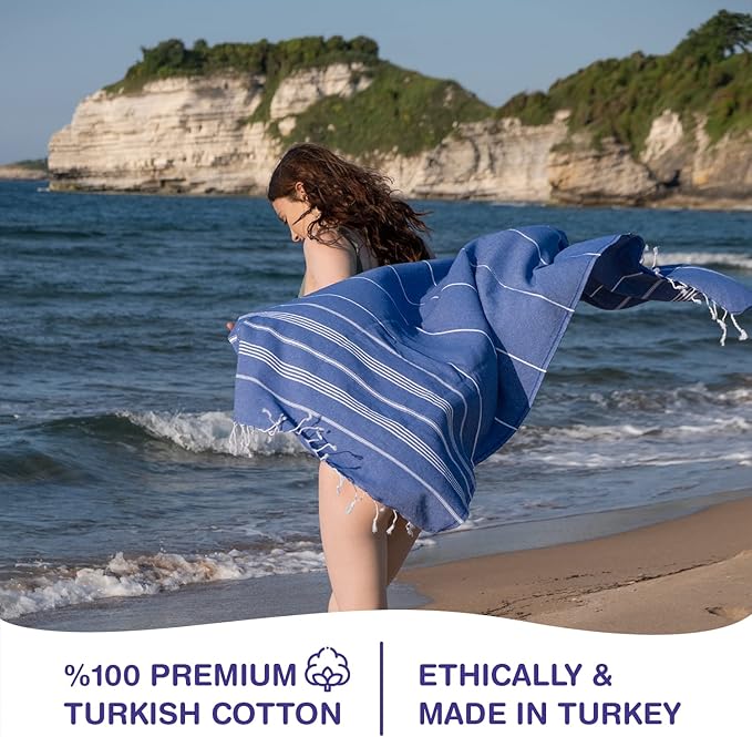 Turkish Beach Towels, Pack of 6 | Oversized, Quick Dry, Sand Free | 100% Cotton, Large 38x71 Towels for Beach, Pool, Travel | Ultra-Soft, Compact, and Absorbent | Blue