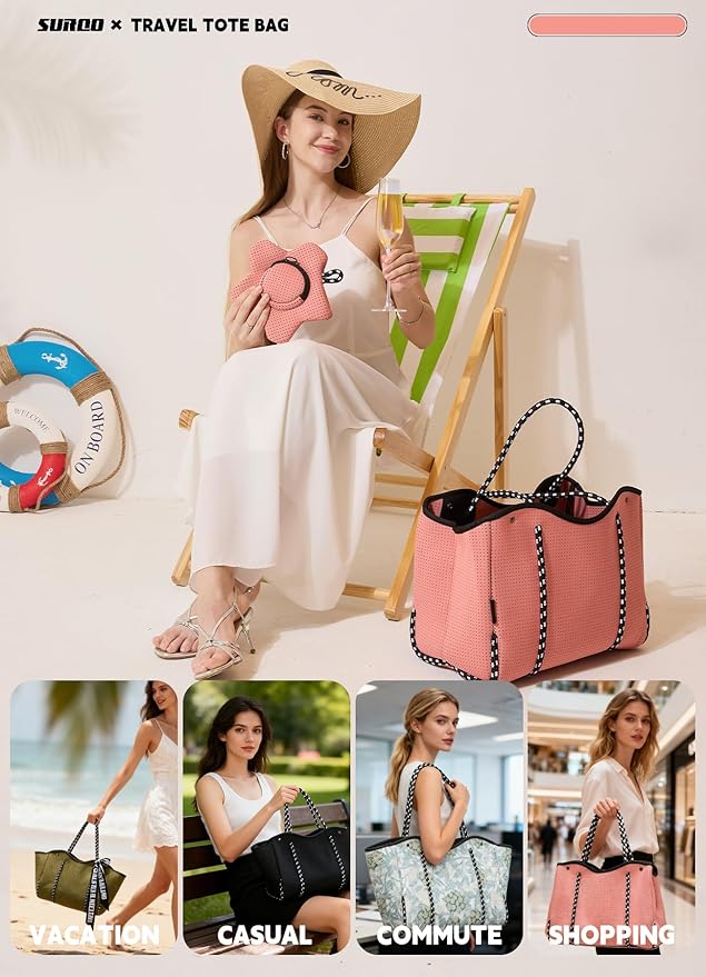 Neoprene Tote Bag for Women, Large Travel Beach Bag with Detachable Pouch, Stylish Lightweight Everyday Carryall