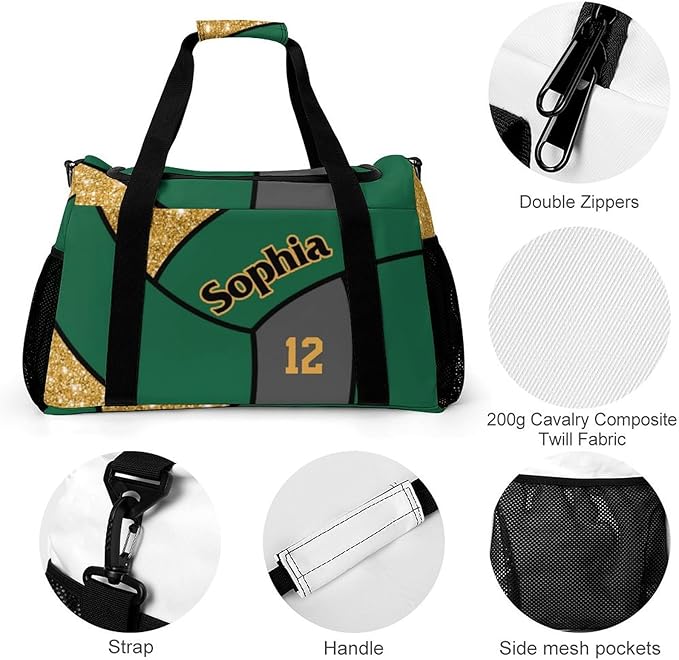 Custom Gold Green Volleyball Duffel Bag with Name Personalized Travel Bags Sport Gym Bag Carry On Weekender Bags for Men Women