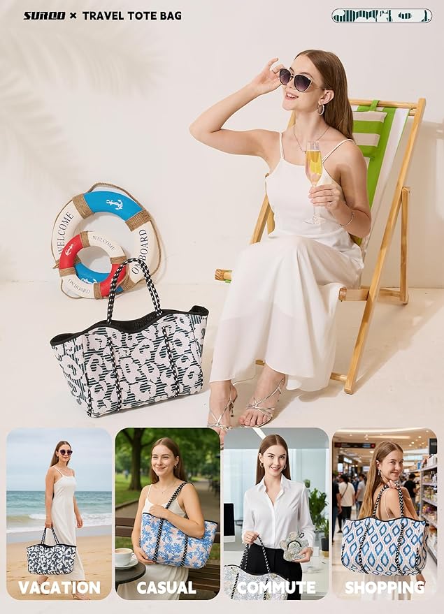 Neoprene Tote Bag for Women, Large Travel Beach Bag with Detachable Pouch, Stylish Lightweight Everyday Carryall