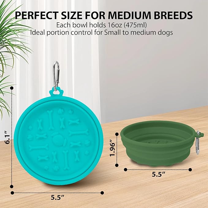 2-Pack Collapsible Dog Bowls with Suction Cups & Scraper - 16oz Travel Pet Bowls for Food/Water, Non-Slip Feeding Dish for Dogs, Includes Carabiner Clip Cyan-Olive Green
