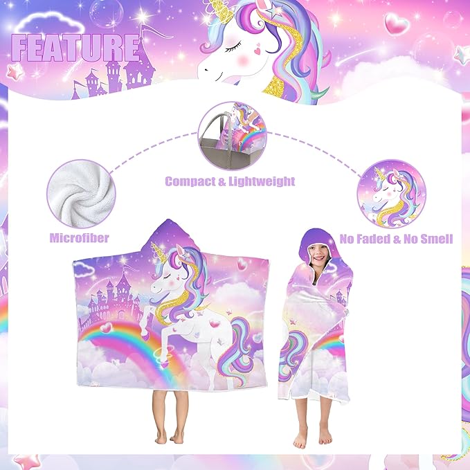 Unicorn Hooded Beach Towel, Unicorn Kids Hooded Poncho Towel for Girls, Cute Cartoon Soft Absorbent Bath Towels Pink with Hood for Kids Toddler 30”x50”, Bathrobe with Hood for Swin Pool Bath