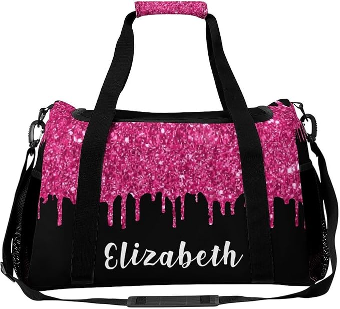 Personalized Name Travel Bag Sports Player Duffel Bags Pink Fuchsia Sequin Glitter Print Perform Training Bag for Men Women Adjustable Shoulder Strap