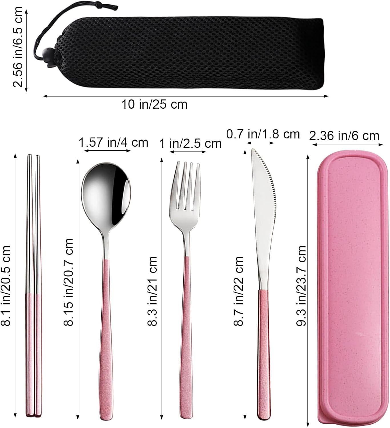 VANRA 4-Piece Portable Travel Utensils Set with Case 18/8 Stainless Steel Flatware Set Reusable Cutlery Set with Fork Spoon Knife Chopstick for Lunch Travel Camping School Work Picnic (Pink)
