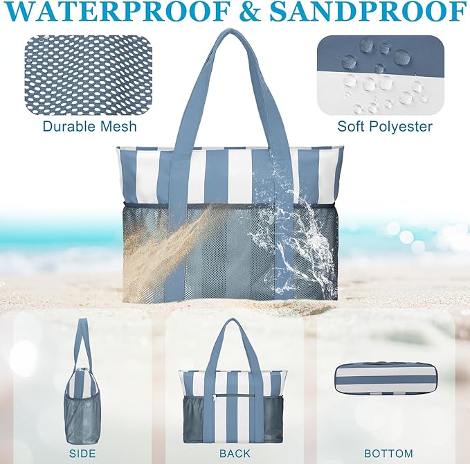 VASCHY Beach Bag for Women, Foldable Waterproof Sandproof Beach Tote with Zipper/Mesh Pockets for Vocation/Cruise/Gym/Travel