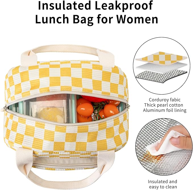 Lunch Bag Women Lunch Box for Women Adult Cute Insulated Lunch Bag Small Cooler Lunch Tote Bags for Work Picnic School (Beige-Yellow Plaid)