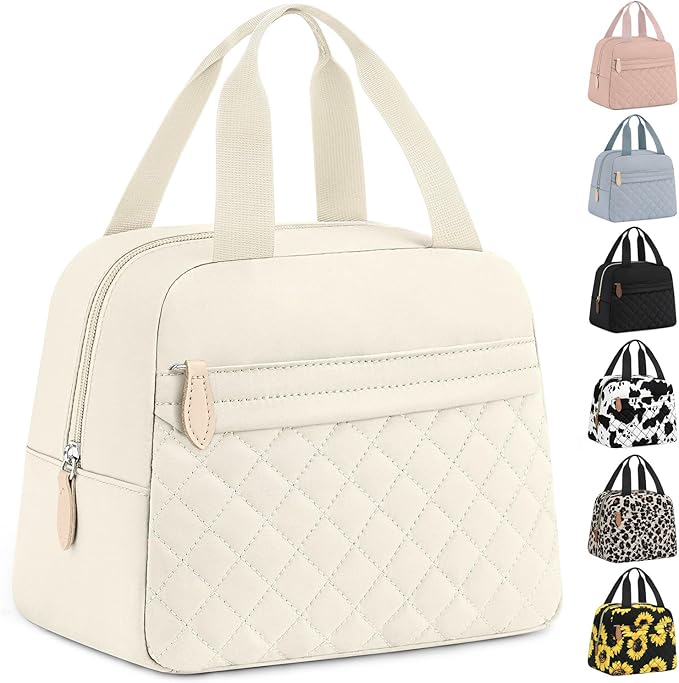 Insulated Lunch Bag for Women, Portable Lightweight Lunch Box for Adults, Reusable Small Lunch Tote Cooler Bags with Front Zipper Pocket for Work School Picnic(Beige)