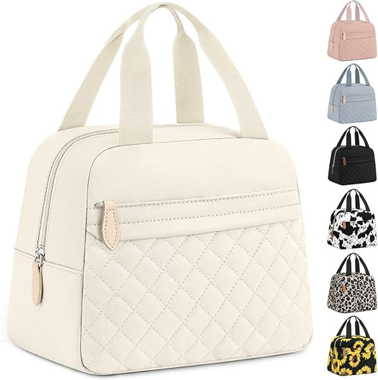 Insulated Lunch Bag for Women, Portable Lightweight Lunch Box for Adults, Reusable Small Lunch Tote Cooler Bags with Front Zipper Pocket for Work School Picnic(Beige)