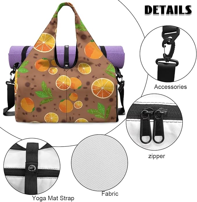 Orange Print Travel Duffel Bags for Women with Yoga Mat Strap, Lightweight Brown Gym Bag with Shoe Compartment Wet Pocket Fitness Stylish Sport Tote Bag