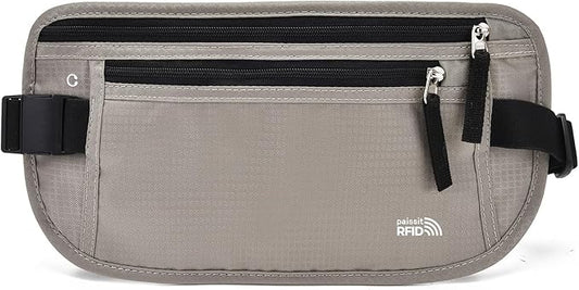 Unisex Money Belt For Men and Women, Slim Passport Holder RFID Blocking Travel Essentials Pouch with Adjustable Strap Small Waist Pouch for Workout Running Travelling Hiking, Light Grey