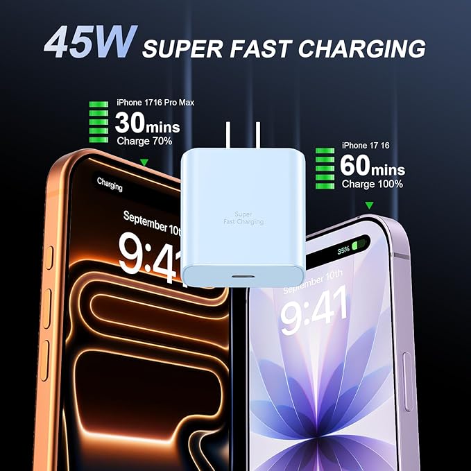 Phone 17 16 Pro Max Charger Fast Charging, 45W USB C Phone 17 16 Super Fast Charger Block with 10ft Long Type C Charging Cable Cord for i.Phone 17 Pro Max/17 Pro/17 Air/17/16/16Pro/16 ProMax-Blue