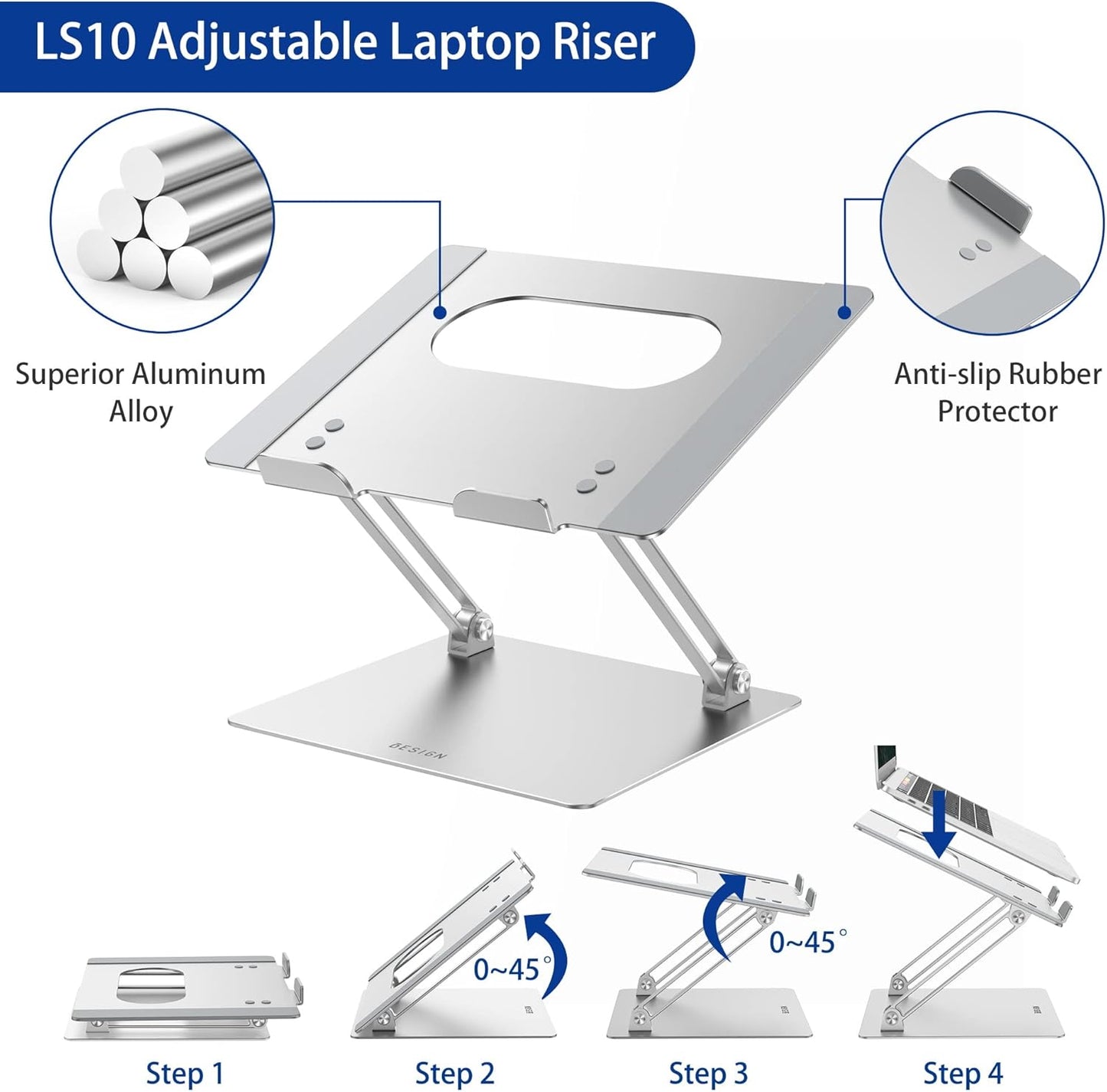 BESIGN LS10 Aluminum Laptop Stand, Ergonomic Adjustable Notebook Stand, Computer Holder Compatible with Air, Pro, Dell, HP, Lenovo More 10-14" Laptops, Silver