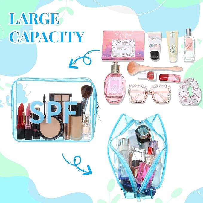 Clear Spf Bag Beach Makeup Pouch 9.5" x 7" x 3.5" Large Travel Cosmetic Toiletry Bag Blue PVC Waterproof Transparent Zippered Organizer for Women Girl Summer