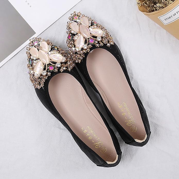 Women Ballet Flats Sparkly Rhinestone Wedding Ballerina Shoes Pointed Toe Foldable Comfort Slip on Flat Dress Shoes