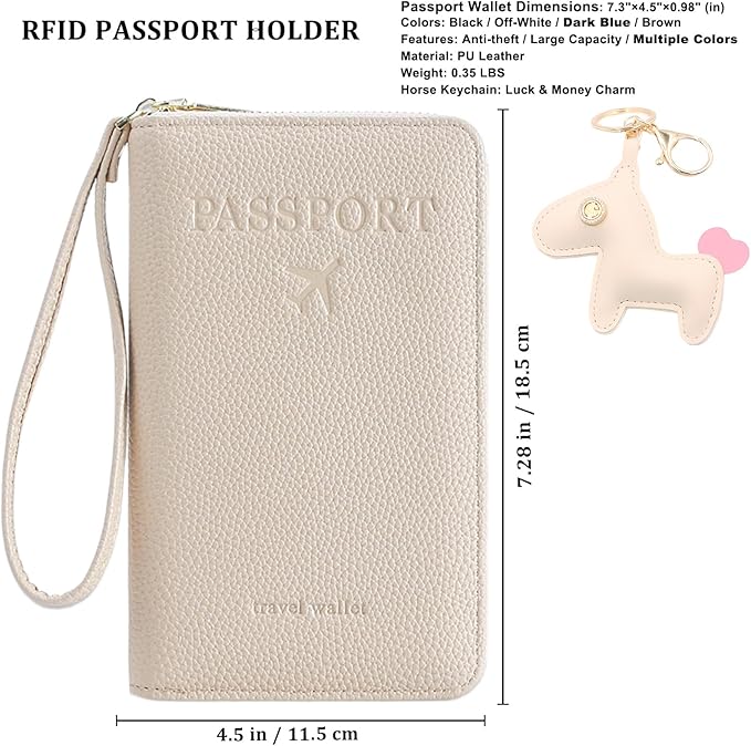 Multi-Functional Passport Holder Cover with Purse Charms,Premium Travel Wallet RFID Blocking Passport Cover Card Case for Holds Phones, Passports, Cash, Cards & Boarding Passes-Beige