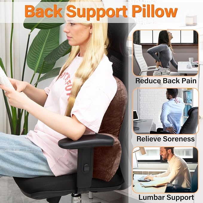 Back Pillow for Chair, Memory Foam Lumbar Pillow for Back Support, Back Rest Cushion for Office, Sofa, Couch Sitting, Recliner, Bed and Lower Back Pain (Coffee)