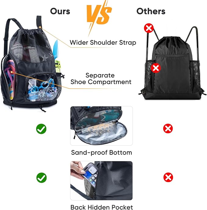 Drawstring Mesh Backpack - Beach/Pool Swim Bag with Shoe Compartment - Sandproof Wet Bag for Swimsuit - Summer Camp Essentials