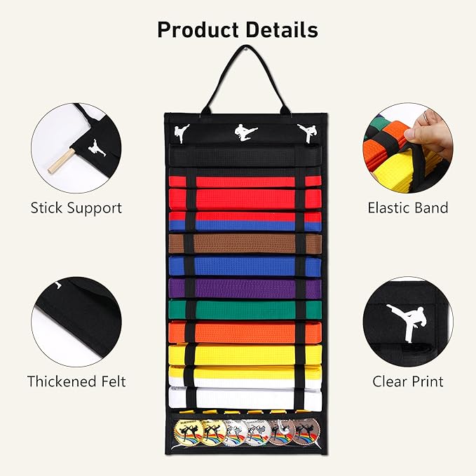 12 Belts Karate Belt Display Rack, Felt Taekwondo Belt Display, Martial Art Belt Display Holder for Martial Art Learner