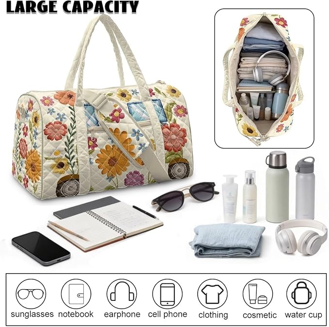 COEQINE Quilted Luggage Bag for Women Travel Quilted Tote Bag Large Floral Hipper Car Camper Print Weekender Overnight Bag Quilted Carry On Tote Handbags