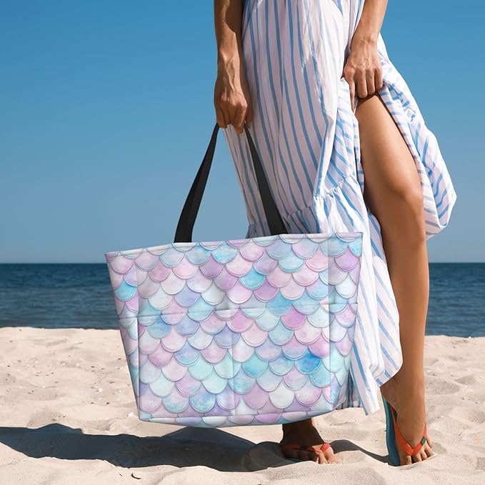 Large Beach Bag for Women Waterproof Foldable Travel Shoulder Tote Bag with Pocket for Weekender Pool Vacation