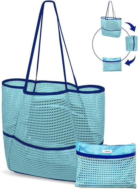 Mesh Beach Tote Bag Packable,2026 New 2-in-1 Large Lightweight Foldable Beach Bags with Multiple Pockets for Women
