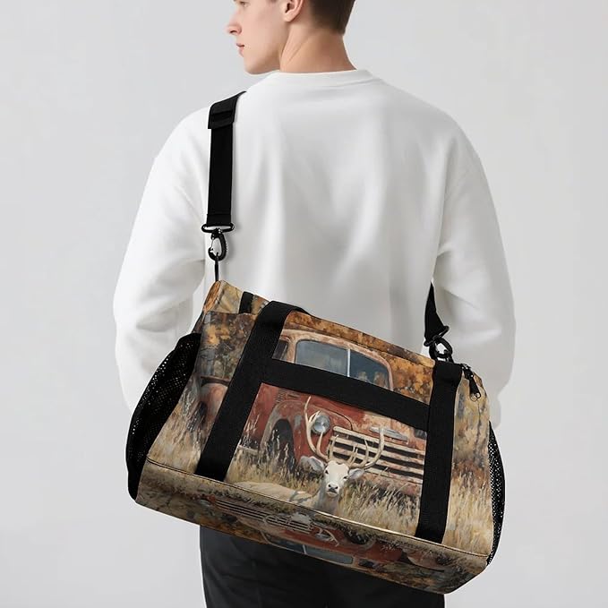 Old Truck Deers Autumn Forests Duffle Bag Gym Bag for Workout Travel Tote with Detachable Straps