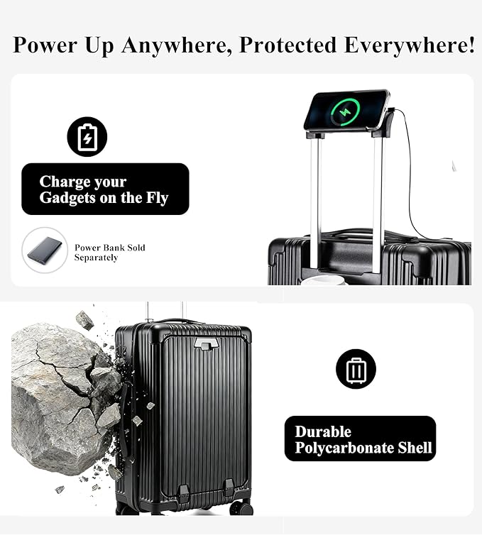 feilario 20in Hardside Spinner Wheel Luggage with Zipper Closure, Built-In TSA lock Carry on Suitcase, with Cup Holder & USB Port & Phone Holder Black(with zipper closure, 20in)