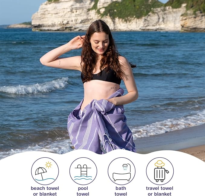 Turkish Beach Towels, Bulk Case of 36 | Oversized, Quick Dry, Sand Free | 100% Cotton, Large 38x71 Towels for Beach, Pool, Travel | Ultra-Soft, Compact, Absorbent | Purple