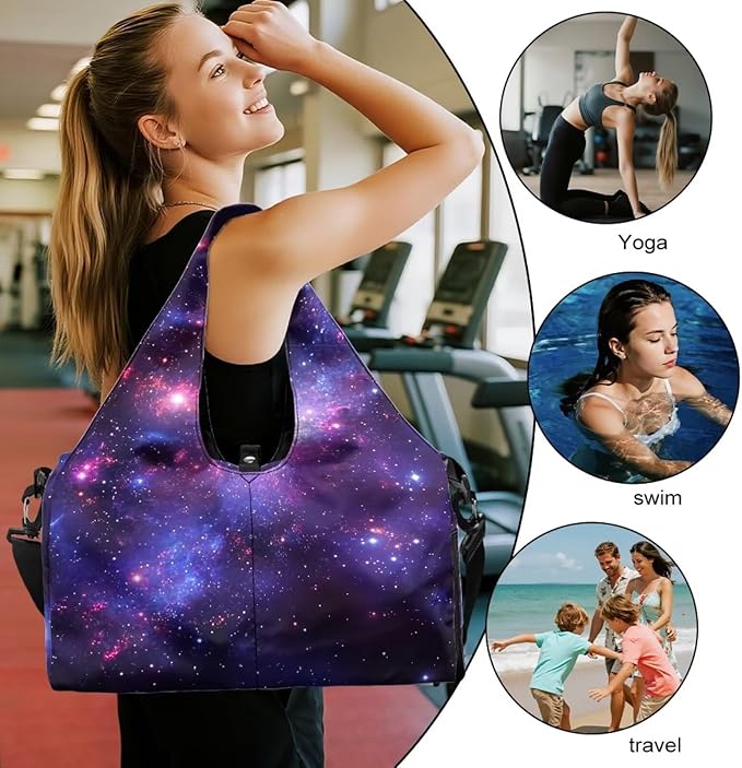 Galaxy Starry Sky Gym Bag for Women Duffle with Shoe Compartment & Yoga Mat Strap Overnight Weekender Personal Item Travel Bag Carry On Luggage for Plane Short Trips