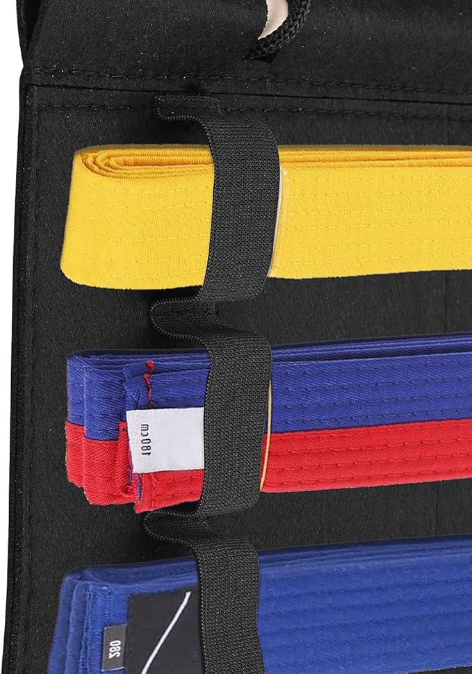 JUXYES Wall Hanging Martial Arts Belts Organizer, Portable Karate Belt Display Holder with Medals Hanging Stick, Lightweight Hanging Taekwondo Belt Display Holder for Martial Arts Learner