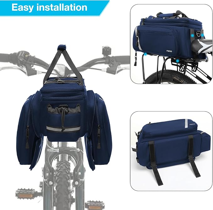 MOSISO Bike Rack Bag with Rain Cover, Bike Trunk Cooler Handag Insulated Bicycle Rear Seat Pouch with 2 Side Foldable Panniers, 8L Cycling Backseat Storage Cargo Saddle Shoulder Bag, Navy Blue