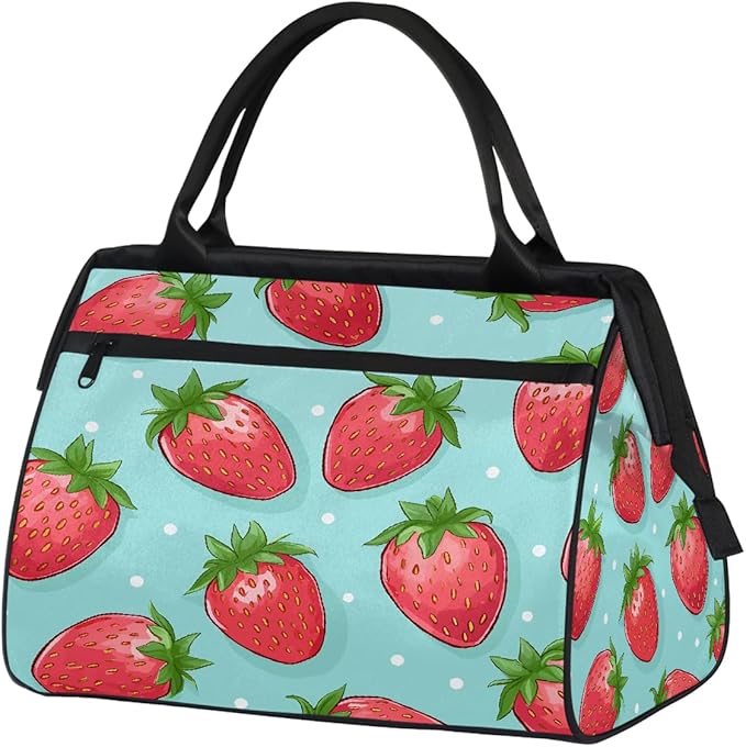 Gym Bag for Women Men, Cute Strawberry Polka Dot Sports Duffel Bags, Waterproof Travel Weekender Overnight Carry On Tote Bags for Travel Sports
