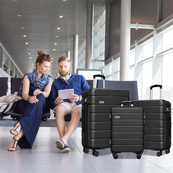 3-Piece Hardshell Luggage Set, Lightweight Expandable Suitcase with TSA Lock and Double Spinner Wheels, 20% Expansion for Extra Packing, Carry-On and Checked Bags, Black