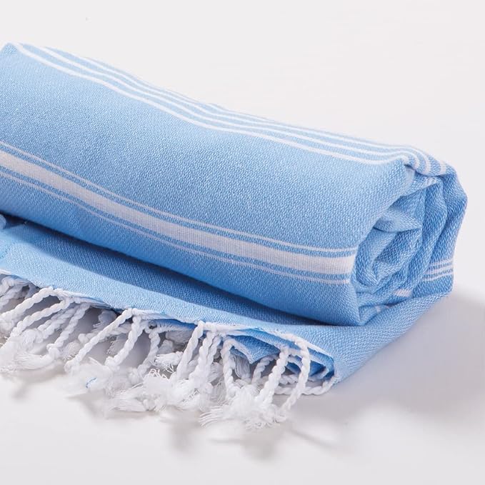 Hencely Turkish Beach Towel 37x68 Oversized, Sand-Free, Quick-Dry, Lightweight - Travel Essential for Pool & Bath - Striped 100% Cotton Bathroom Towels Accessories Gift (Light Blue)