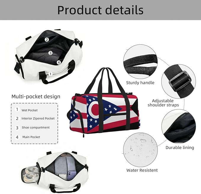 Ohio State Flag Print Gym Bag with Shoe Compartment for Women Men, 17.7in Sports Duffle Weekender Tote, Overnight Travel Duffel Bag Carry On