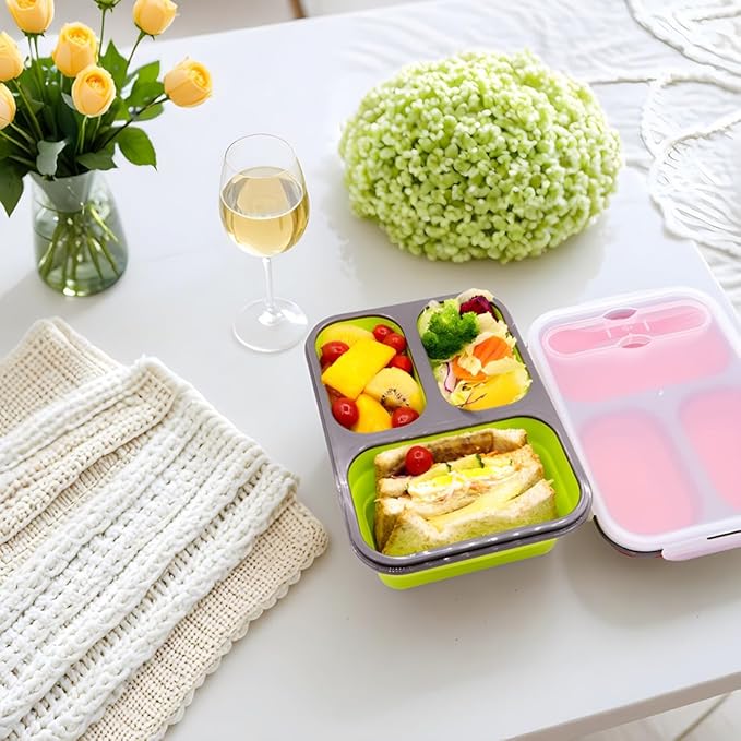 2 Pack Big Size Collapsible Silicone Bento Lunch Boxes With Lids Spoons Forks,3 Compartments, Divided Lunch Food Storage Containers, Safe in Microwave, Dishwasher and Freezer, 45.6oz, BPA Free