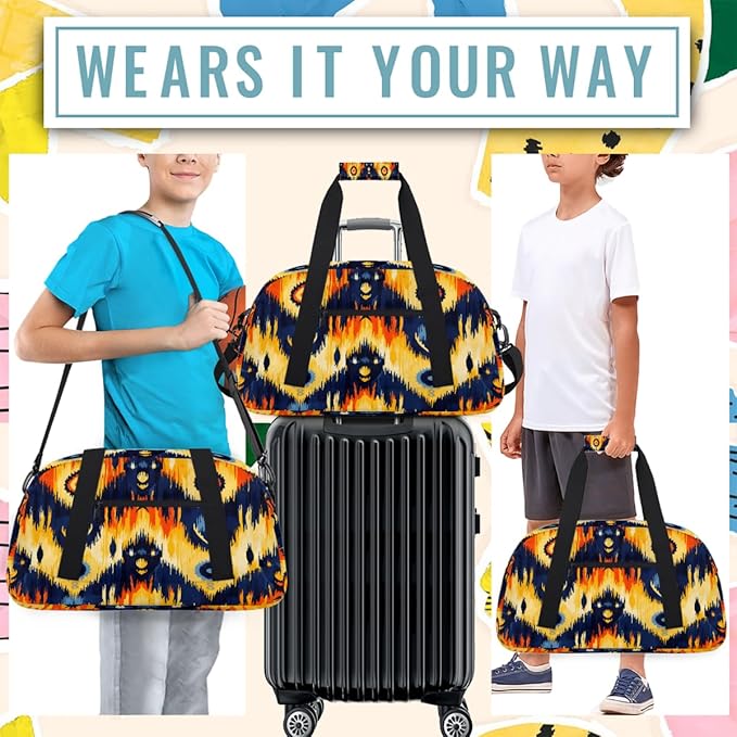Duffle Bag for Women Men, Orange Navy Tribal Pattern Gym Bag for Travel Sports, Lightweight Waterproof Weekender Overnight Bags with Adjustable Strap