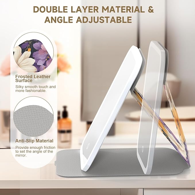 Mocado Travel Makeup Mirro with Lights, 360° Rotation Lighted Makeup Mirror, Portable Mirror with 10x Magnification, 3 Color Lightings, Dimmable Touch Screen, Tabletop Light up(Sun Daisy)