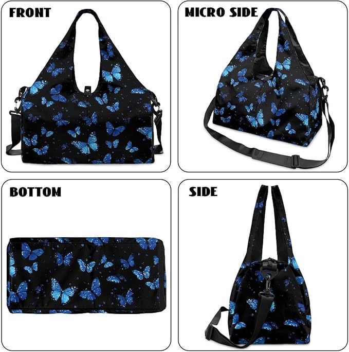 Blue Butterfly Small Gym Bag for Women Travel Duffel Bag with Shoe Compartment Decorative Tote Bags for Yoga, Sports, Hospital, Overnight, Weekender Organizer, Black