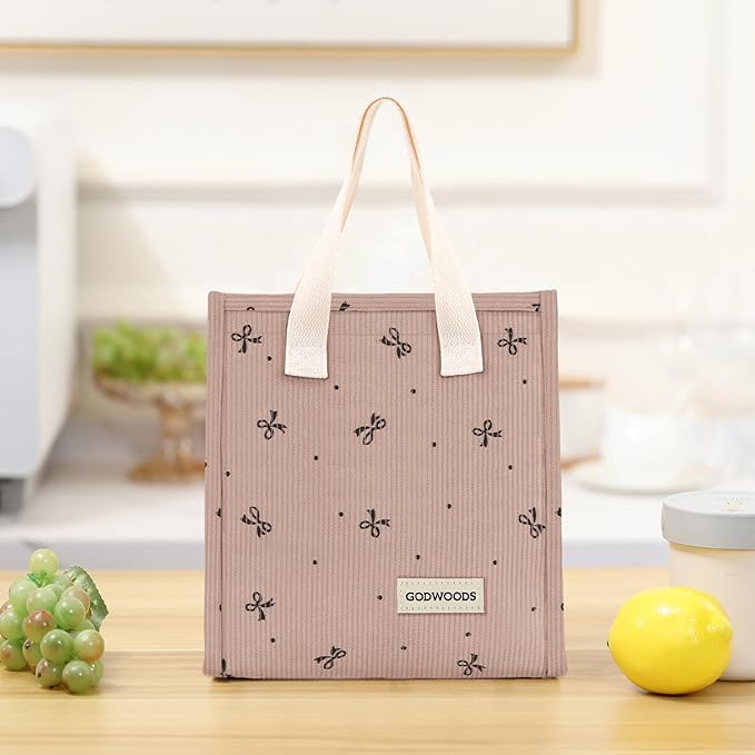 TELLUMO Corduroy Lunch Bag for Women Men Cute Lunch Bag Insulated Lunch Box with Large Capacity (7.5L) Reusable Lunchbag for Work, Picnic, Beach or Travel (S- Corduroy Pinkbow)