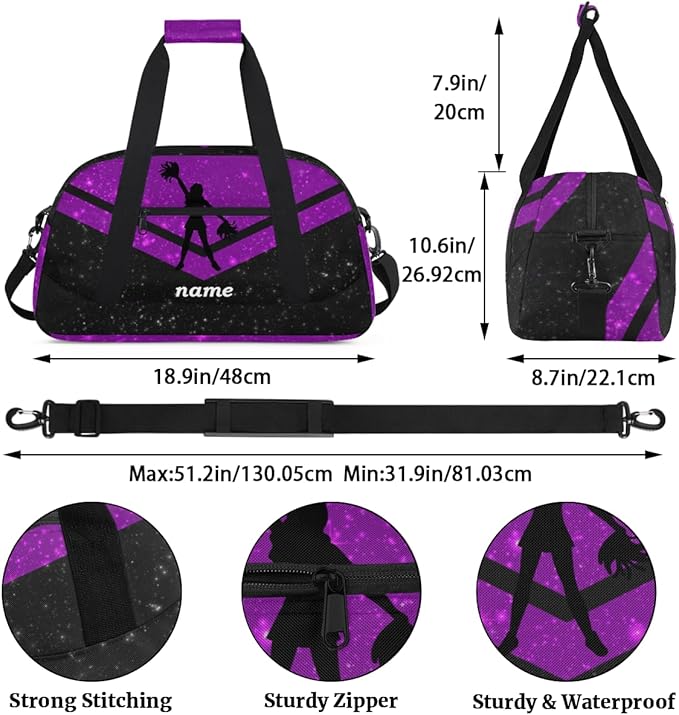 Custom Name Purple Black Cheerleading Squad Gym Travel Duffle Bag with Front Zipper Pocket Personalizedfor Sports Bag for Overnight, Weekender, Carry On,Workout & Dance, 18.9 * 8.7 * 10.6 in