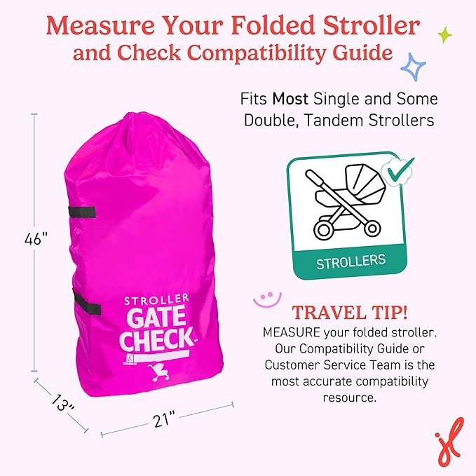 J.L. Childress Gate Check Bag for Single & Some Double Strollers - Travel Bag for Airplane, Fits Most Standard Baby Strollers, Airport Accessories Gate Check, Flying Essentials - Neon Pink