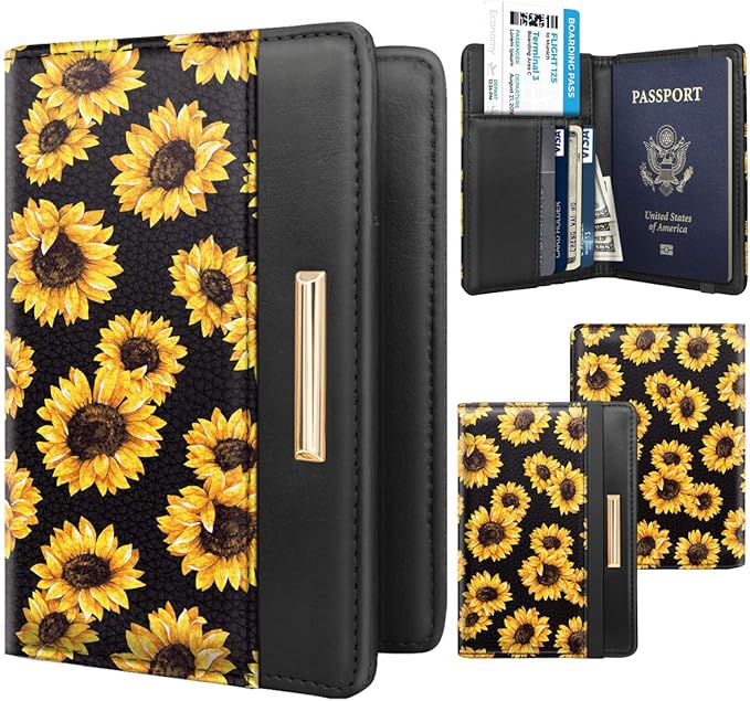 Women's Black Floral Sunflower Passport Wallet Cover with RFID Blocking, 7 Compartments, 4 Card Slots, Magnetic Closure