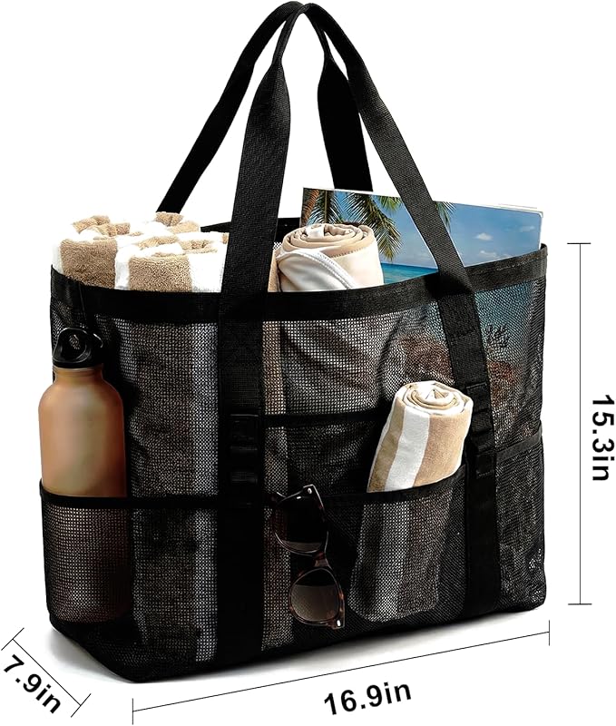 Mesh Beach Bag-Large Beach Tote for Women with Zipper Pocket, pool cruise travel swim, Toys & Vacation Essentials